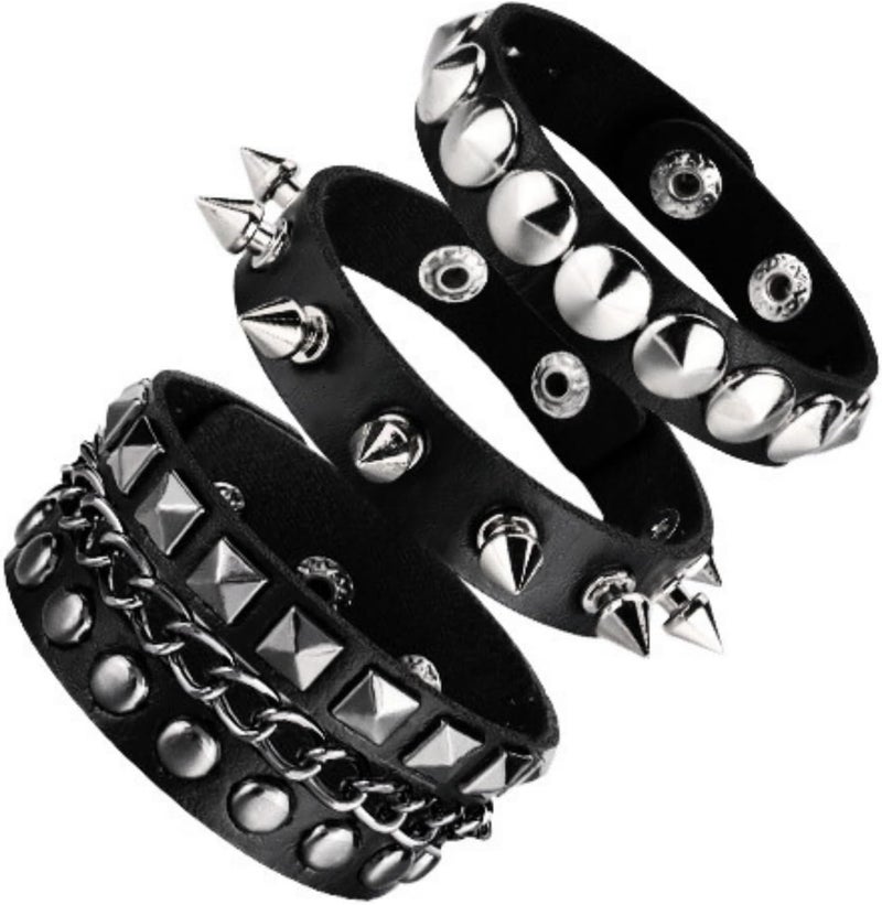 Ulekuke Store 3 Pcs Punk Rock Studded Bracelet Set Spiked Leather Cuff Bracelet for Men Women 80s Wristband Emo Bracelet Adjustable - Image 1